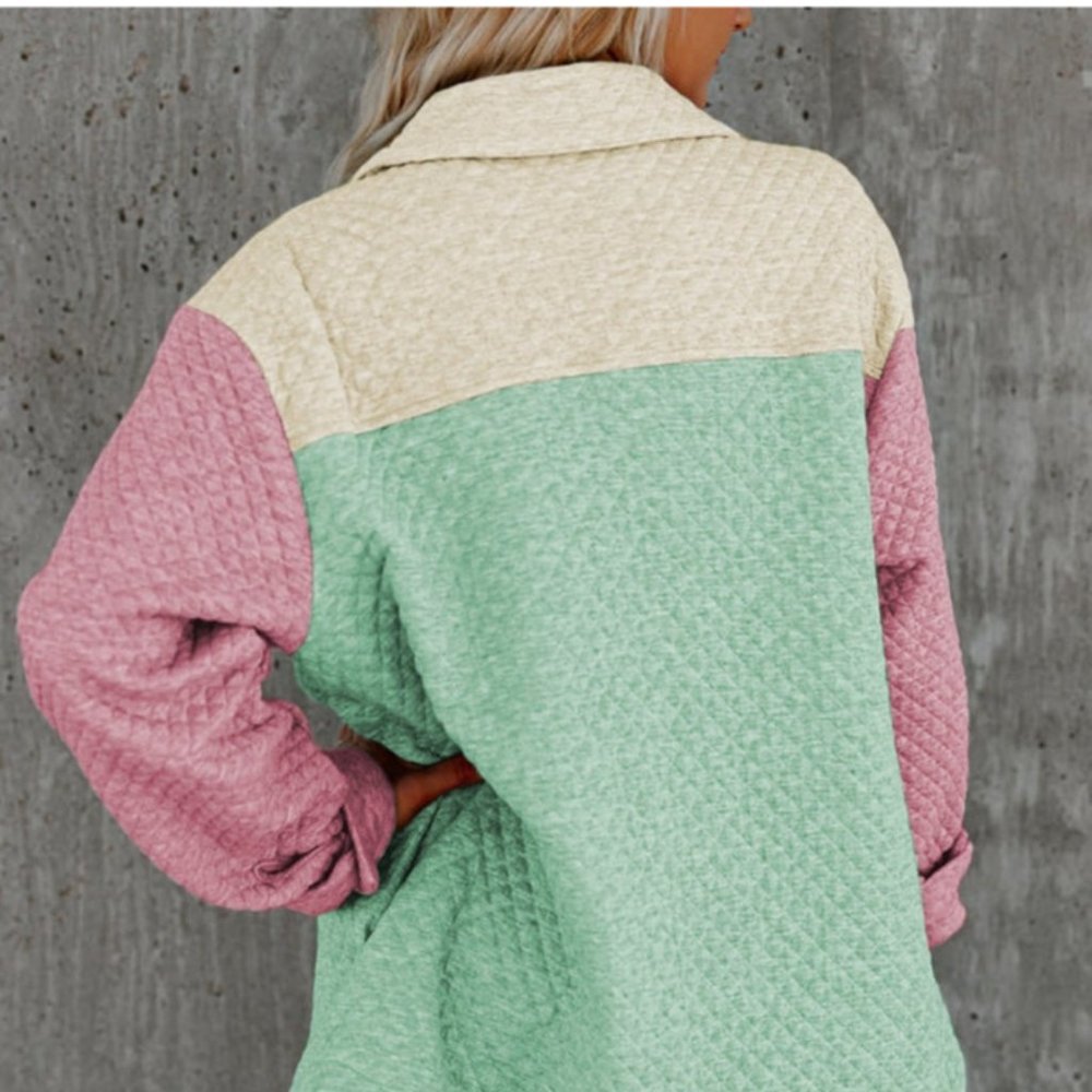 Colorblock Button Front Quilted Shacket - Picture 2 of 5